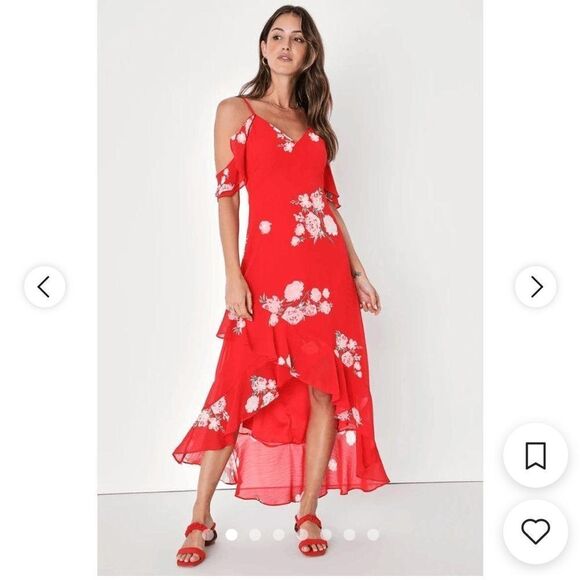 LULU'S red floral maxi cold shoulder off shoulder high low ruffle dress M - Picture 1 of 6